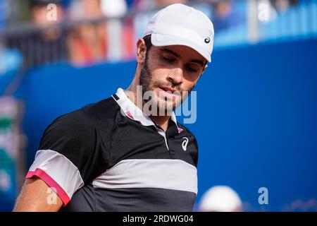 Bella, Francia. 22 luglio 2023. Borna Coric per la squadra croata contro Carlos Alcaraz per la squadra spagnola durante la Hopman Cup 2023, ITF World Mixed Team Championships il 22 luglio 2023 al Nice Lawn Tennis Club di Nizza, Francia - foto Emilie Lohmann/OLLI Media/DPPI Credit: DPPI Media/Alamy Live News Foto Stock