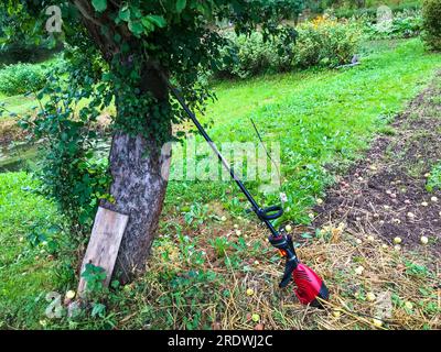 un rasaerba si trova vicino a un albero. una falciatrice si trova vicino al melo, in attesa del giardiniere. raccolta di erba autunnale ingiallita. preparazione di Foto Stock