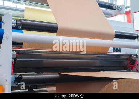 Stampa e confezionamento da rotoli di carta riciclata, macchina confezionatrice di buste industriale commerciale, fabbricazione di carta ondulata e contenitori di pappa Foto Stock