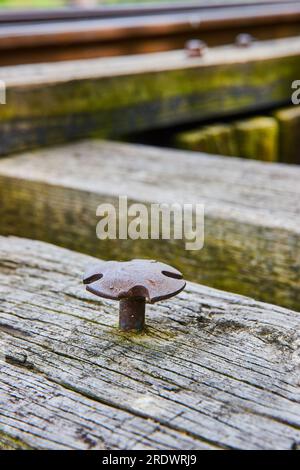 Testa a chiodo a croce su legno testurizzato di binari ferroviari distanti e sfocati in verticale Foto Stock