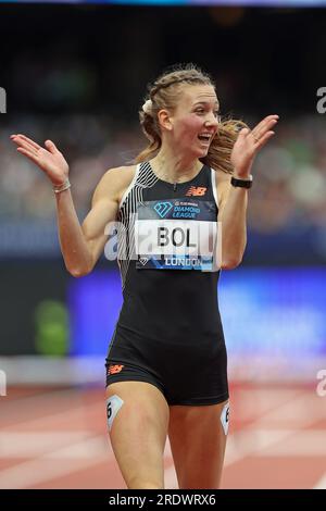Femke BOL festeggia dopo aver battuto il record europeo di 400 m ostacoli nella Wanda Diamond League allo Stadio di Londra Foto Stock