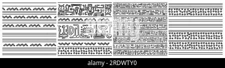Set di motivi senza cuciture a tema Egitto. Gruppo di stampe vettoriali disegnate a mano in bianco e nero con simboli come i geroglifici Illustrazione Vettoriale