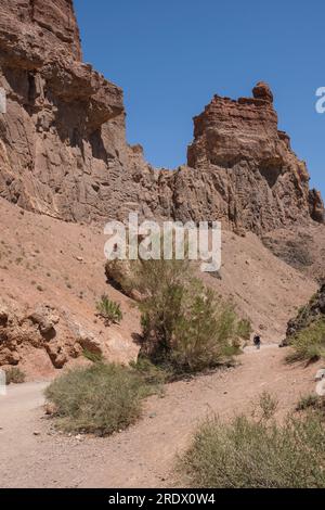 Kazakistan, Charyn (Sharyn) Canyon. I visitatori camminano lungo il sentiero. Foto Stock