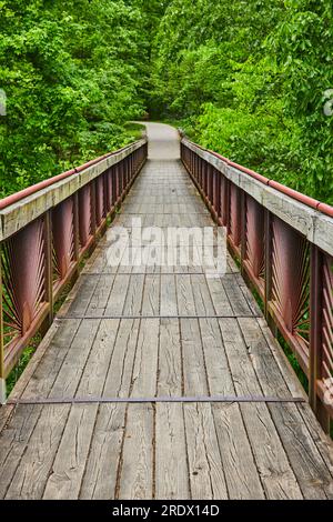 Passerella con ringhiere in metallo arrugginito e travi e tavole di legno usurate che conducono al sentiero Foto Stock