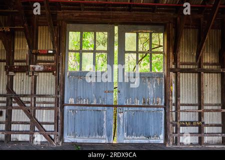 Porte doppie, porte fienile, abbandonate, rotte, fienile, unità, stoccaggio macchine di ricambio, interno Foto Stock