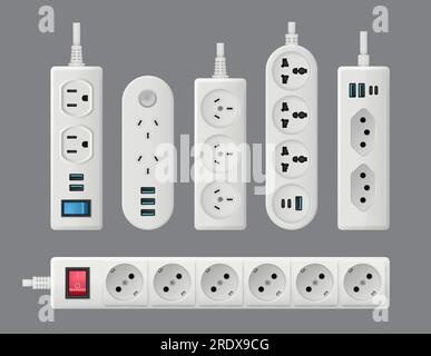 Presa elettrica. Connettore maschio elettrico per apparecchiature c.a. con diversi tipi di collegamento modello vettoriale realistico accettabile Illustrazione Vettoriale