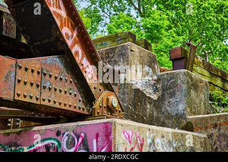 Travi di ponte ferroviario con rivetti e graffiti su di esso e parete in cemento con danni Foto Stock