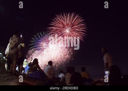 2023/07/22, Tokyo, i fuochi d'artificio di Adachi sono il primo spettacolo di fuochi d'artificio su larga scala che si terrà a Tokyo alla fine di luglio. Il 45° Festival dei fuochi d'artificio di Adachi, per la prima volta in quattro anni, lanciò circa 15.000 fuochi d'artificio sul letto del fiume Arakawa in appena un'ora. Crediti: Michael Steinebach/AFLO/Alamy Live News Foto Stock