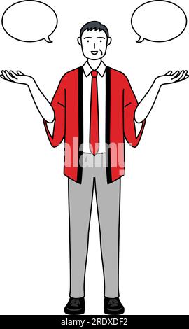 Uomo anziano che indossa un cappotto felicemente rosso con spazzato via e confronto, Vector Illustration Illustrazione Vettoriale