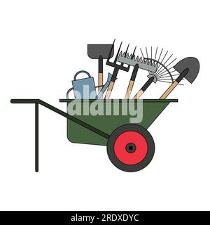 Set di vari attrezzi da giardinaggio in una carriola. Illustrazione vettoriale. Articoli per il giardinaggio e l'agricoltura. Set di attrezzi agricoli. Strumenti da giardino. Illustrazione Vettoriale