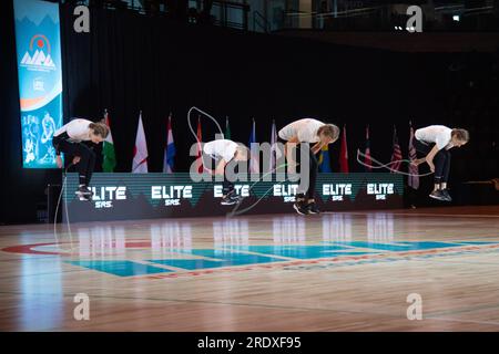 World Jump Rope Championship Finals, Colorado Springs, Colorado, USA. 23 luglio 2023. Single Rope Team Freestyle, Danimarca Women's team Credit: Casey B. Gibson/Alamy Live News Foto Stock