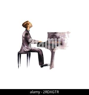 Pianista con disegno ad acquerello con cappotto nero. Un pianista romantico espressivo suona il pianoforte isolato su bianco Foto Stock