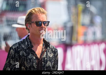 Budapest, Ungheria. 23 luglio 2023. Nico Rosberg, campione del mondo di F1 del 2016, guarda la sfilata dei piloti in vista della gara del Gran Premio di F1 ungherese all'Hungaroring, vicino Budapest. Credito: SOPA Images Limited/Alamy Live News Foto Stock