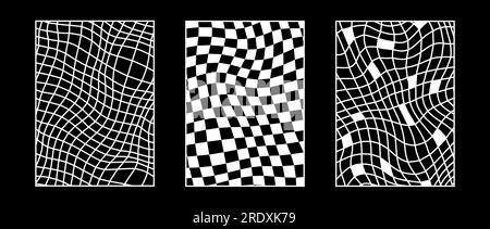 Set di sfondi della struttura a reticolo distorti. Collezione di sfondi a scacchi ondulati astratti. Schema di superficie della griglia deformata e curva. Texture geometriche in bianco e nero. Illustrazione vettoriale Illustrazione Vettoriale