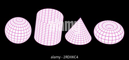 Raccolta forme struttura a reticolo. profilo 3d sfera, cilindro, cono e toro. Elementi geometrici rosa e bianco per modello di design, icona, logo. Oggetti reticolo astratto con linee collegate. Pacchetto vettoriale Illustrazione Vettoriale