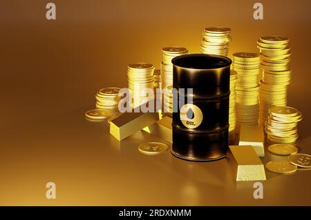 Illustrazione 3D , botti di petrolio e lingotti d' oro con monete d' oro . spazio per il testo Foto Stock