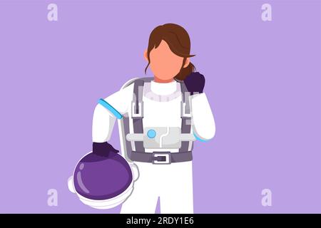 Personaggio piatto da disegno graziosa astronauta femminile che regge il casco con il gesto celebrativo indossando una tuta spaziale pronta a esplorare lo spazio alla ricerca di misteri Foto Stock