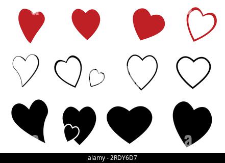 una serie di icone a forma di cuore in rosso nero e vuoto su sfondo bianco Illustrazione Vettoriale