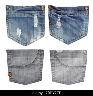 Set di tasche per jeans strappate di colore indaco e tasche in denim di colore grigio. Isolato su sfondo bianco Foto Stock