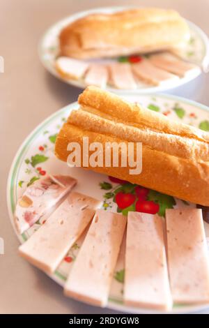 Primo piano della baguette o del pane francese con salsicce di maiale vietnamite servito su piatti in un ristorante locale nella provincia di Koh Kong, Cambogia. Foto Stock