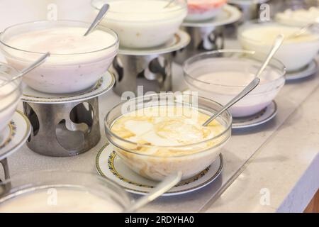 Yogurt nelle ciotole sul tavolo a buffet nel ristorante dell'hotel. Foto Stock