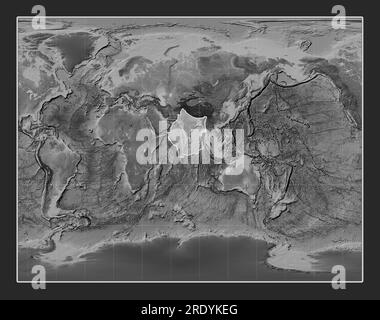 Placca tettonica indiana sulla mappa di elevazione in scala di grigi nella proiezione stereografica Gall centrata meridionalmente. Foto Stock