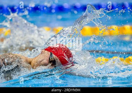 Fukuoka, Giappone. 24 luglio 2023. Matthew Richards della Gran Bretagna gareggia nelle 200m Heats di freestyle maschile durante il ventesimo Campionato Mondiale di Aquatics presso la Marine Messe Hall A di Fukuoka (Giappone), il 24 luglio 2023. Crediti: Insidefoto di andrea staccioli/Alamy Live News Foto Stock