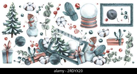 Collezione natalizia con albero di Natale, pupazzo di neve e regali. Illustrazione acquerello disegnata a mano. Per poster, cartoline, adesivi, stampe. Imposta Foto Stock
