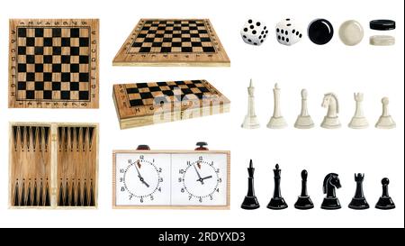 Scacchi ad acquerello, dama, giochi da tavolo da backgammon con set illustrativo di pezzi. Cifre, dadi, orologi realistici Foto Stock