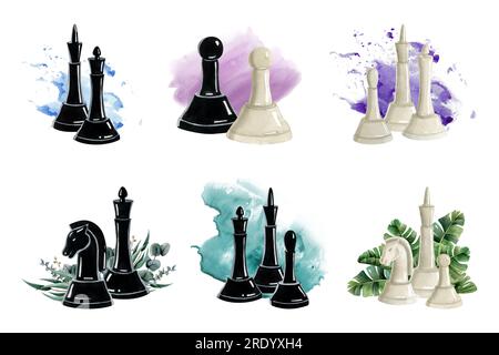 Illustrazione delle composizioni dei pezzi degli scacchi in bianco e nero su schizzi di acquerello e sfondi botanici Foto Stock