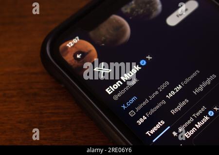Pagina dell'account Twitter di Elon Musk visualizzata su un iPhone. Elon Musk ha annunciato che il nome Twitter rebrand è "X". Il nuovo logo X è visibile in un'immagine. Foto Stock
