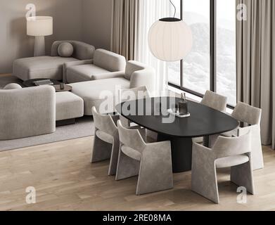 Interni di soggiorno beige in legno con tavolo da pranzo e divano con lampada. Sala minimalista giapponese naturale sul pavimento in parquet. Finestra con campagna. 3d. Foto Stock
