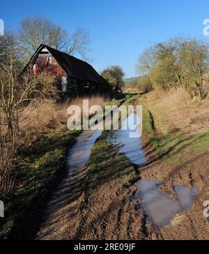 Un vecchio fienile accanto a una strada secondaria attraversata dai Lambourn Downs vicino ad Aldbourne, Wiltshire. Foto Stock