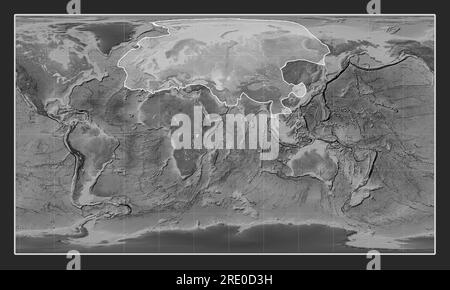 Placca tettonica eurasiatica sulla mappa di elevazione in scala di grigi nella proiezione cilindrica Patterson centrata meridionalmente. Foto Stock