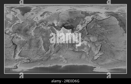 Placca tettonica indiana sulla mappa di elevazione in scala di grigi nella proiezione cilindrica Patterson centrata meridionalmente. Foto Stock