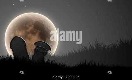 Cimitero buio e spaventoso per Halloween con la luna Foto Stock