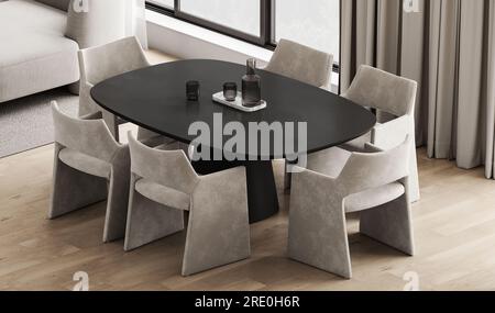 Interni di soggiorno beige in legno con tavolo da pranzo e divano. Sala minimalista giapponese naturale sul pavimento in parquet. Finestra con campagna. rendering 3d. Foto Stock
