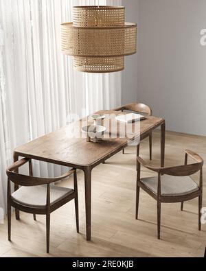 Interni della sala da pranzo beige in legno con tavolo da pranzo, lampada e sedie. Sala minimalista naturale giapponese con pavimento in parquet. Finestra con tulle. 3d. Foto Stock
