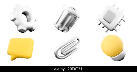 ingranaggio di rendering 3d, cestino, microchip, notifica messaggi, graffetta, set di icone lampadine. set di icone del concetto di progettazione dell'interfaccia utente di rendering 3d. Foto Stock