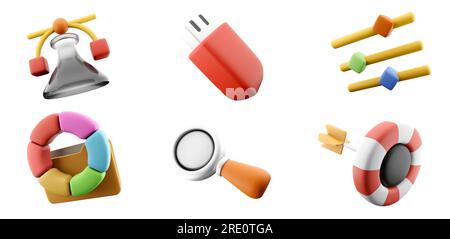 Barra di scorrimento della linea di rendering 3d, lente d'ingrandimento, matraccio per chimica, ruota dei colori con cartella, scheda e freccetta, set di icone dell'unità flash usb. interfaccia utente rendering 3d. Foto Stock