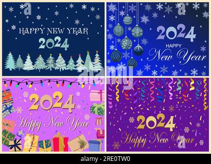 Set di biglietti di auguri per felice anno nuovo 2024 vettoriali. Illustrazione Vettoriale