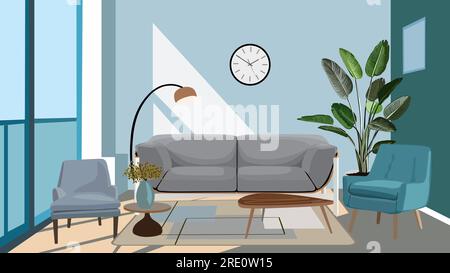 Moderno ambiente vettoriale di design degli interni del soggiorno. Illustrazione Vettoriale
