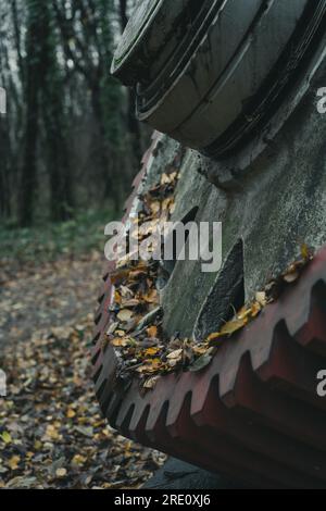 Dettaglio di un vecchio enorme equipaggiamento nella foresta in autunno. Macchina per la storia industriale. Macchine abbandonate coperte di foglie. Produzione di ferro e acciaio. Foto Stock