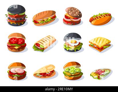 Panini a cartoni animati. Fast food fresco con ripieni diversi, cibo salutare per spuntini e pranzo. Icone del fast food con formaggio pomodoro e lattuga Vector Illustrazione Vettoriale