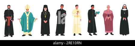 Personaggi della chiesa cattolica. Religione cristiana Chiesa leader in abiti diversi, cattolicesimo sacerdote religioso pastore papa. Cartone animato vettoriale Illustrazione Vettoriale