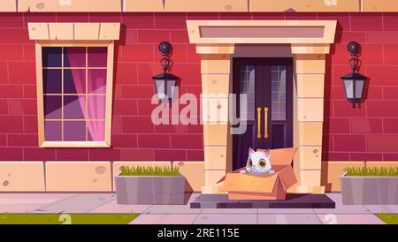 Gatto senzatetto seduto in scatola di cartone sul portico della casa con il tempo soleggiato. Illustrazione vettoriale di un gattino bianco carino e soffice in attesa di un nuovo maestro vicino alla porta della casa, in cerca di casa. Adozione di animali domestici Illustrazione Vettoriale