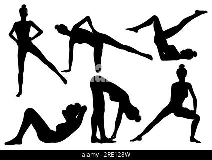 Silhouette femminili in varie pose sportive e stretching Illustrazione Vettoriale