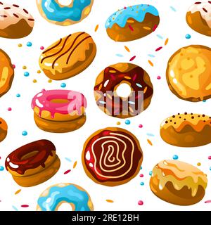 Paterna ciambelle. Dessert da forno dolce con cartoni animati senza cuciture, spolverato con arcobaleno e glassa al cioccolato. Sfondo vettoriale Illustrazione Vettoriale
