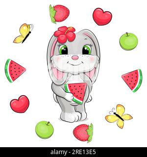 Simpatico coniglio grigio cartoni animati con un fiore rosso si trova in una cornice di frutta. Illustrazione vettoriale degli animali estivi con mela verde, fragola, anguria. Illustrazione Vettoriale
