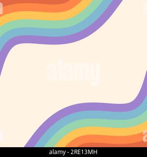 Sfondo astratto retrò con onde arcobaleno solide e copia lo spazio al centro. Funky modello vettoriale quadrato in stile doodle per copertina, banner e poster Illustrazione Vettoriale